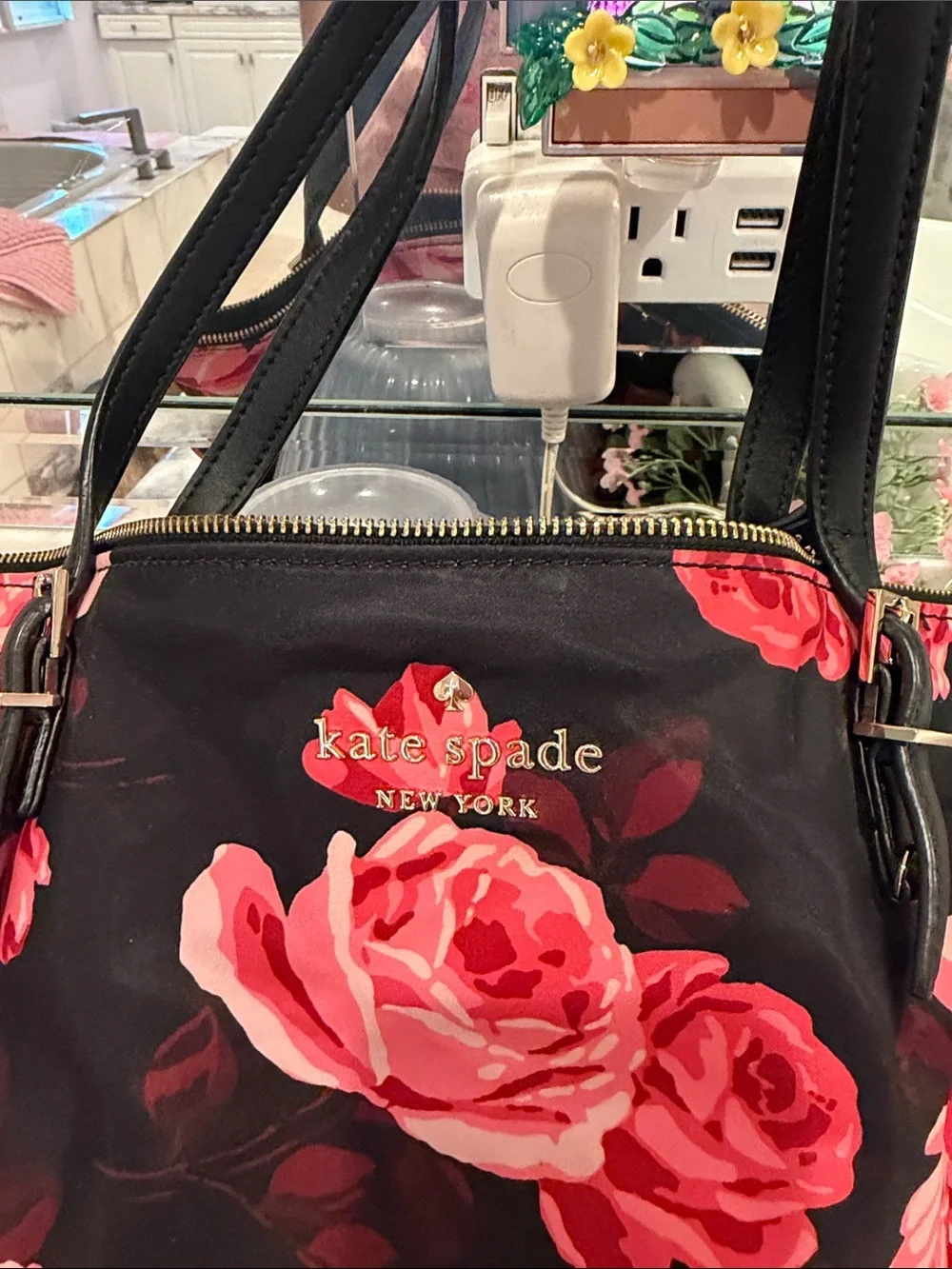 kate spade Black Tote with Pink & Red Rose Print